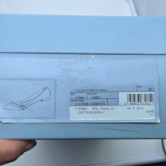 Prada Black Glitter leather bow logo embellished pointed toe ballet flats 38.5 - Picture 11 of 11